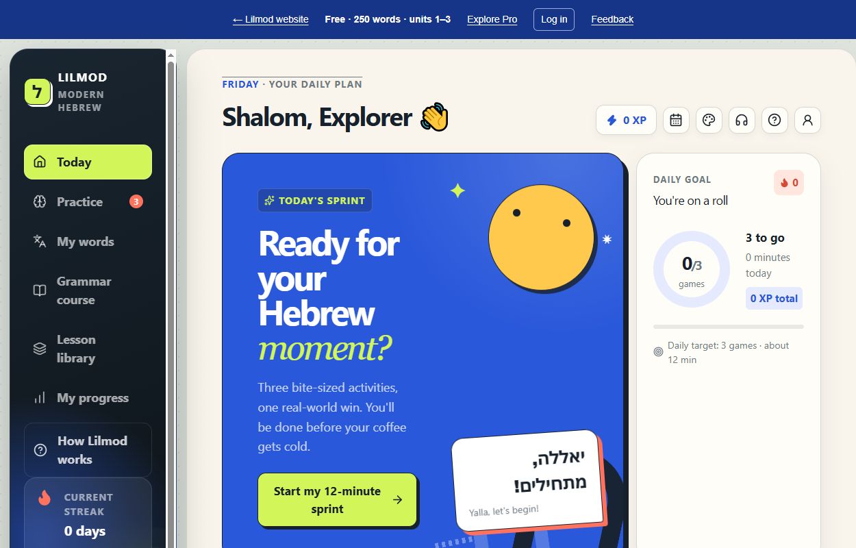 Lilmod learning dashboard with daily practice, a daily goal, and navigation to words and grammar